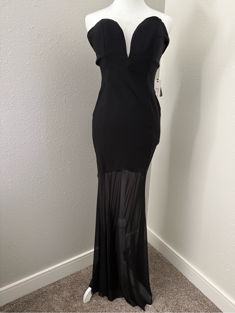 Rare London Black Strapless Plunge Mesh Hem Maxi Gown Evening Dress Size 4 NWT